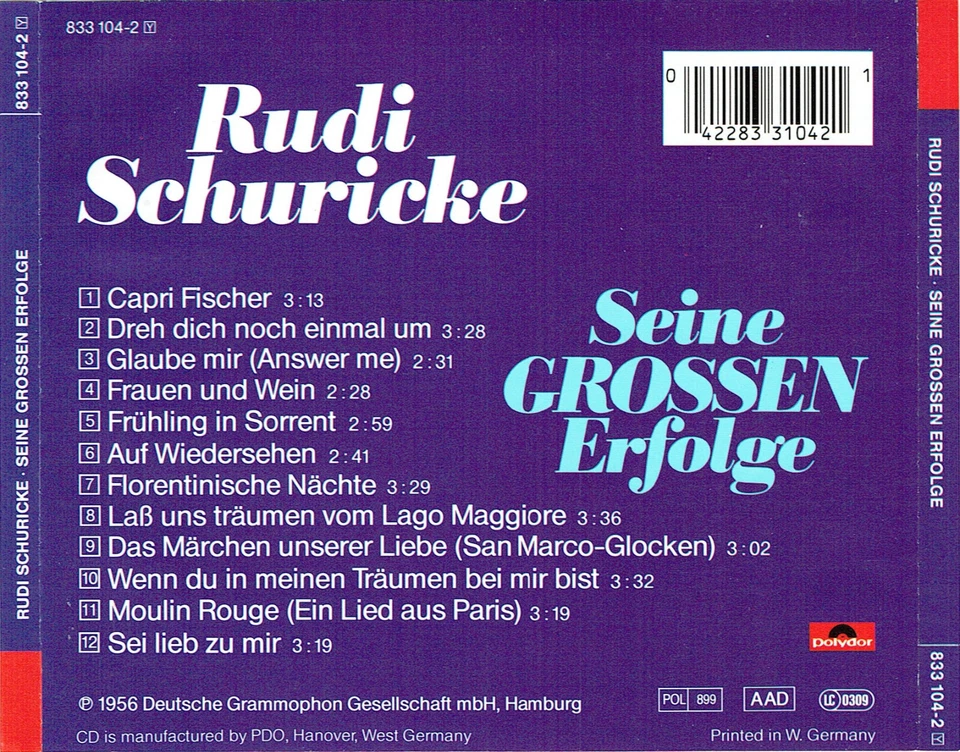 (CD) Rudi Schuricke - Seine Grossen Erfolge - Capri Fischer, Frauen Und Wein - Bild 2 von 2
