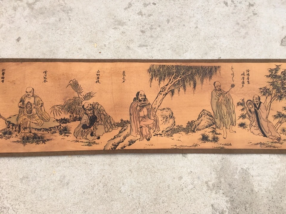 Cuadro antiguo chino "Pintura de figuras" pintura de pergamino largo tabla de dieciocho Arhat Foto 4 de 4