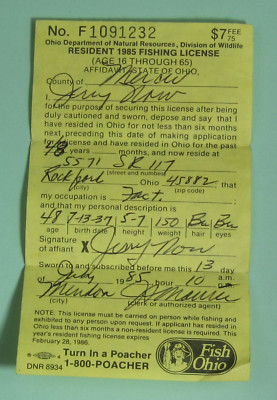 1985 Ohio Department of Natural Resources Fishing Permit 