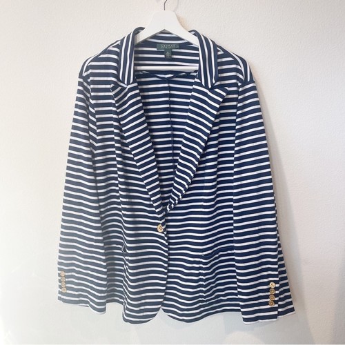 LAUREN RALPH LAUREN Navy and White Stripes Cotton Blazer Jersey Knit Size 3X - Imagen 9 de 9