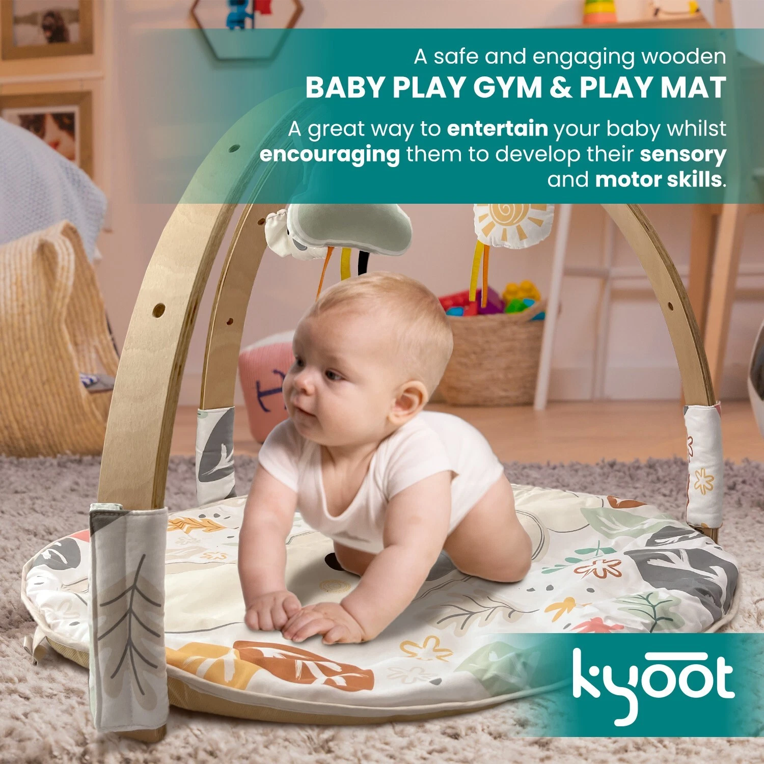 Kyoot Baby Activity Play Gym Beige Scandi Design with Eco-Friendly Wooden Frame
