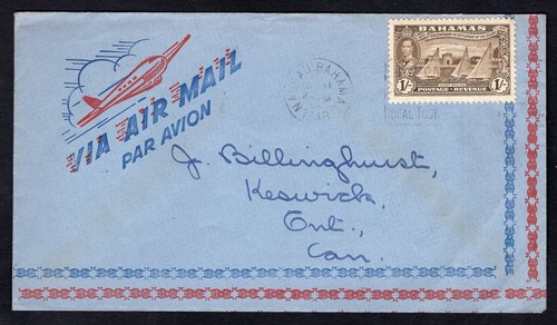 BAHAMAS 1948 Airmail Cover to Keswick Canada. Single 1/- Stamp Yacht Racing