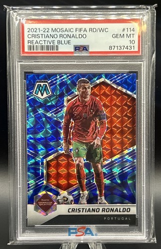 2021-22 Panini Mosaic FIFA RD/WC Cristiano Ronaldo Reactive Blue SSP PSA 10
