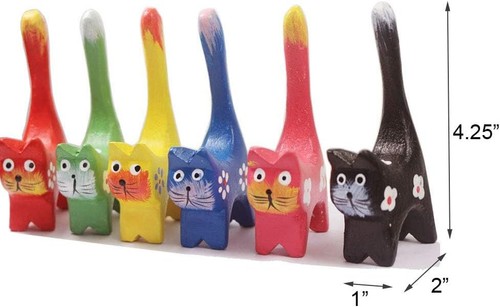 Set of 6 Long Tail Kitty Cat Figurine Decorative Carved Wooden Fgiures... - Picture 3 of 7