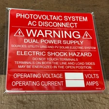 4" x 4" Photovoltaic System AC Disconnect Power Warning Label 03-116 Pack of 10