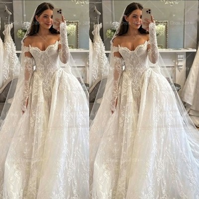 Wedding Dresswith Sweep Train Lace Applique Detachable Long Sleeve Bridal Gown