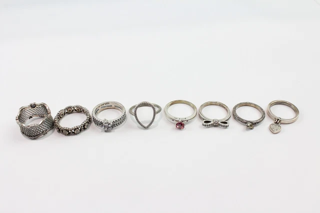 29 Pandora Sterling Silver Rings Floral Eternity Bird Heart Stone Set x 8 21g