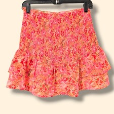 NSR Pink Floral Smocked Tiered Ruffle Pull-On High Rise Mini Skirt Coquette