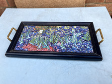 ANTIQUE EDWARDIAN CERAMIC TILED BUTLER'S COCKTAIL TRAY BRASS HANDLES