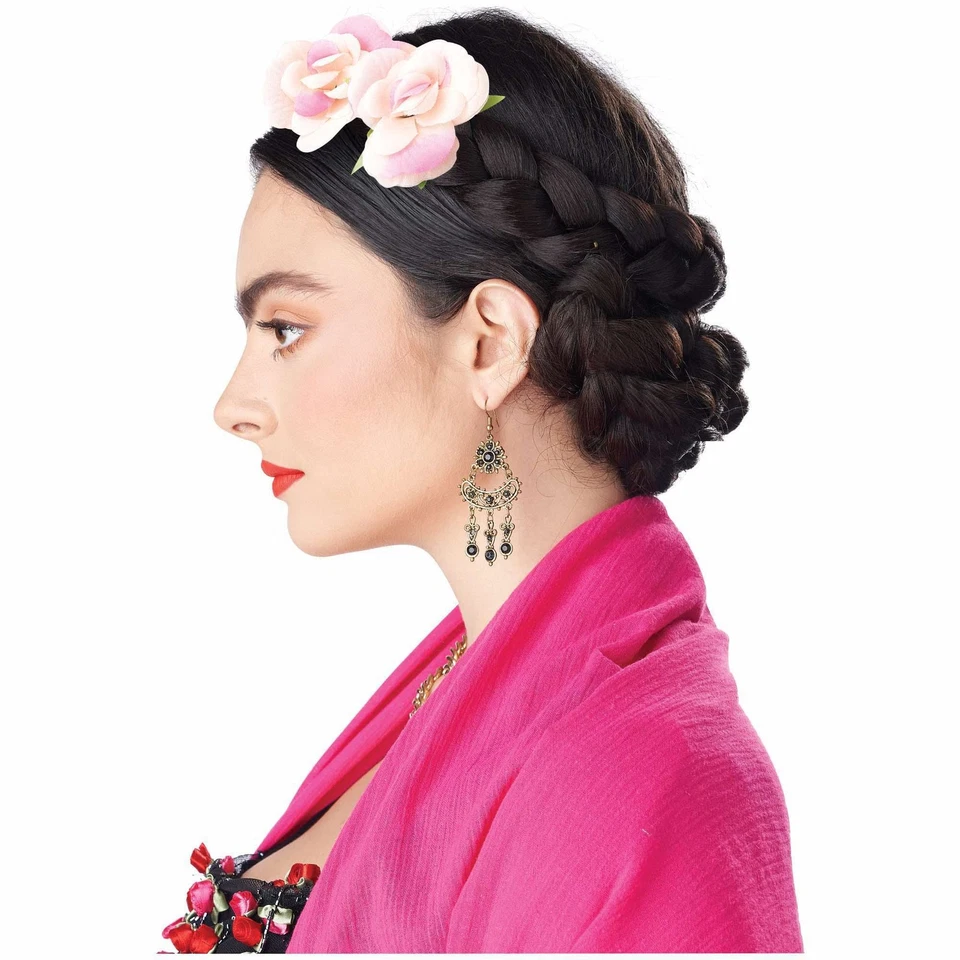 Folk Artist Frida Mexican Painter Brown Womens Wig Braid Clip-In Flowers - Image 3 of 3