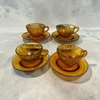 Vintage Amber Etched Glass Teacups & Saucers Set Floral Depression Style 8pc
