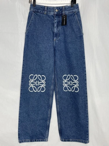 Loewe Women's Jeans Anagram Logo Knees Baggy Cotton Denim Size 34 Blue