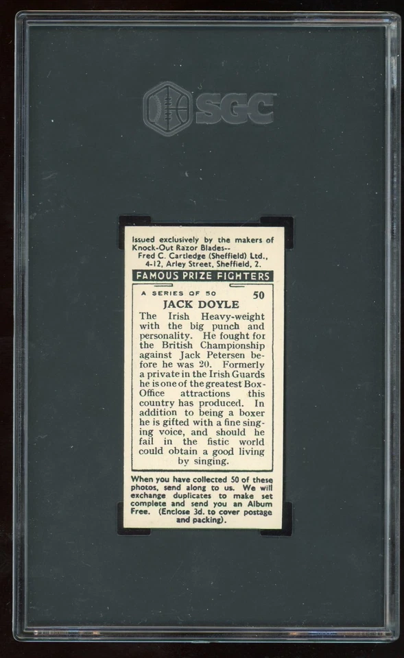 1938 Cartledge Razor Jack Doyle Famous Prize Fighters Boxing #50 SGC 8.5 - Image 2 of 2