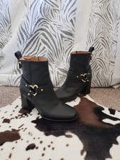 Love Moschino Black Boots Real Leather Ankle Gold Heart Harness Buckle Size 3