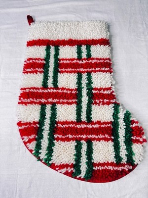 1970s Latch Hook Plaid CHRISTMAS Stocking Handmade Festive