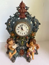 Montefiori Collection Cherub Mantel Clock 13” Resin Baroque Angels, Doves Italy