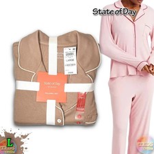 NWT State of Day Women L 2-Pc. Ribbed Notched-Collar Pajamas Set 100188374 Cave