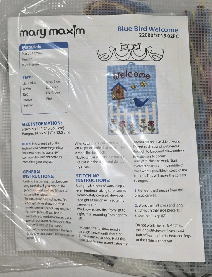 Kit de lona de plástico Mary Maxim letrero de bienvenida de pájaro azul con percha de alambre de metal Foto 3 de 4