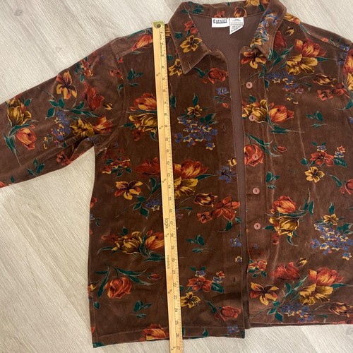 XL Vintage Brown Velvet Long Sleeve Blouse Colorful Floral Pattern - Picture 4 of 8