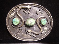 Vintage Turquoise Sterling Silver Belt Buckle with Snakes
