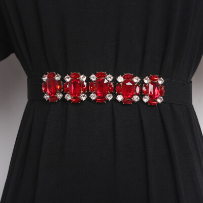 Women Crystal Elastic Waistband Wide Belt Rhinestone for Party Wedding Dress  Red | eBay
