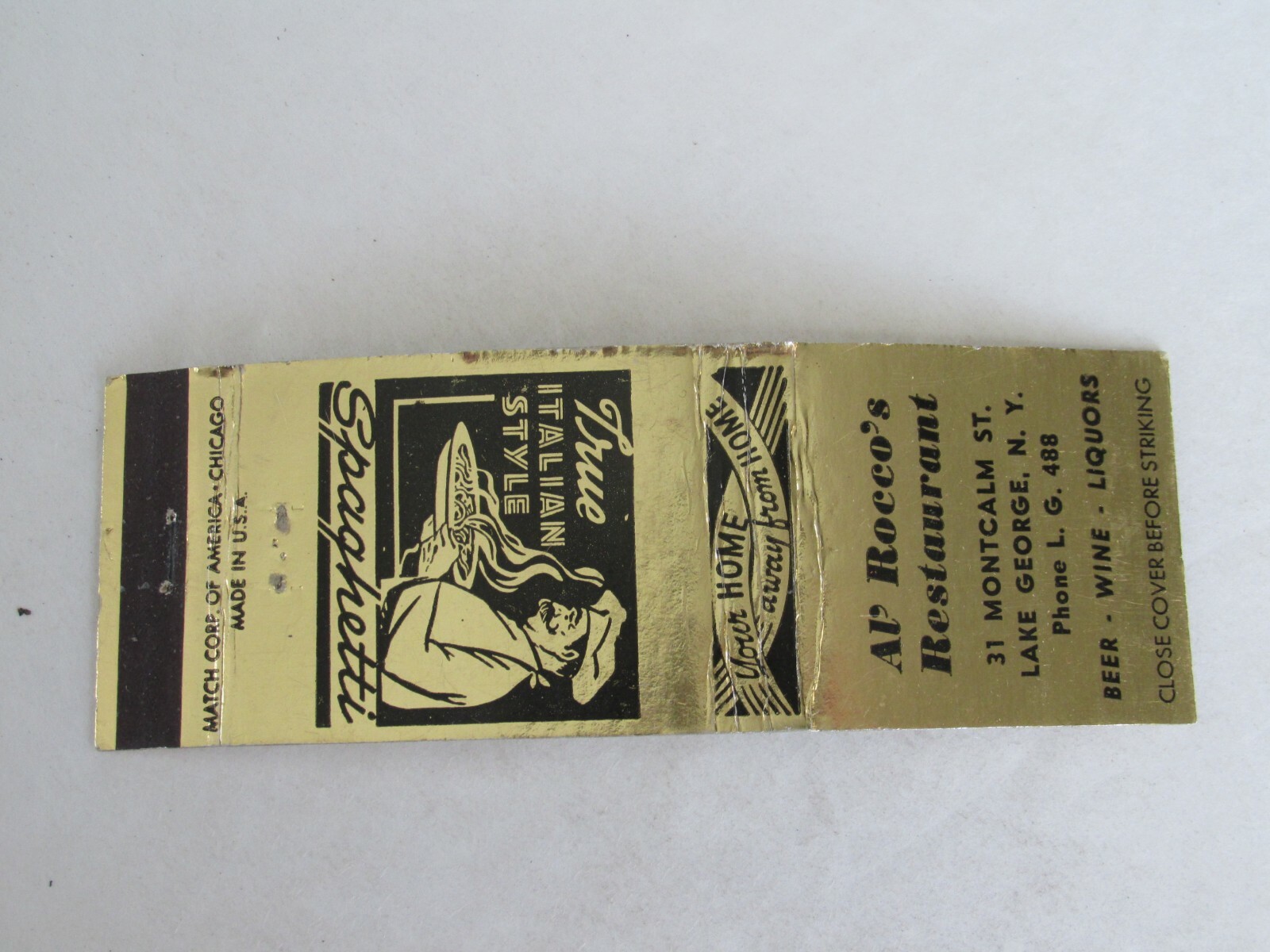 Af113 Vintage Matchbook Cover Al' Rocco's Restaurant Lake George Ny New York