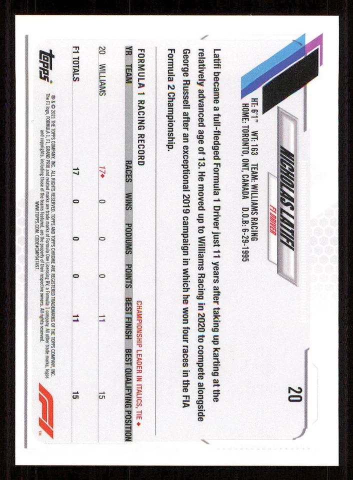 2021 Topps Chrome Formula 1 #20 Nicholas Latifi - Image 2 of 2