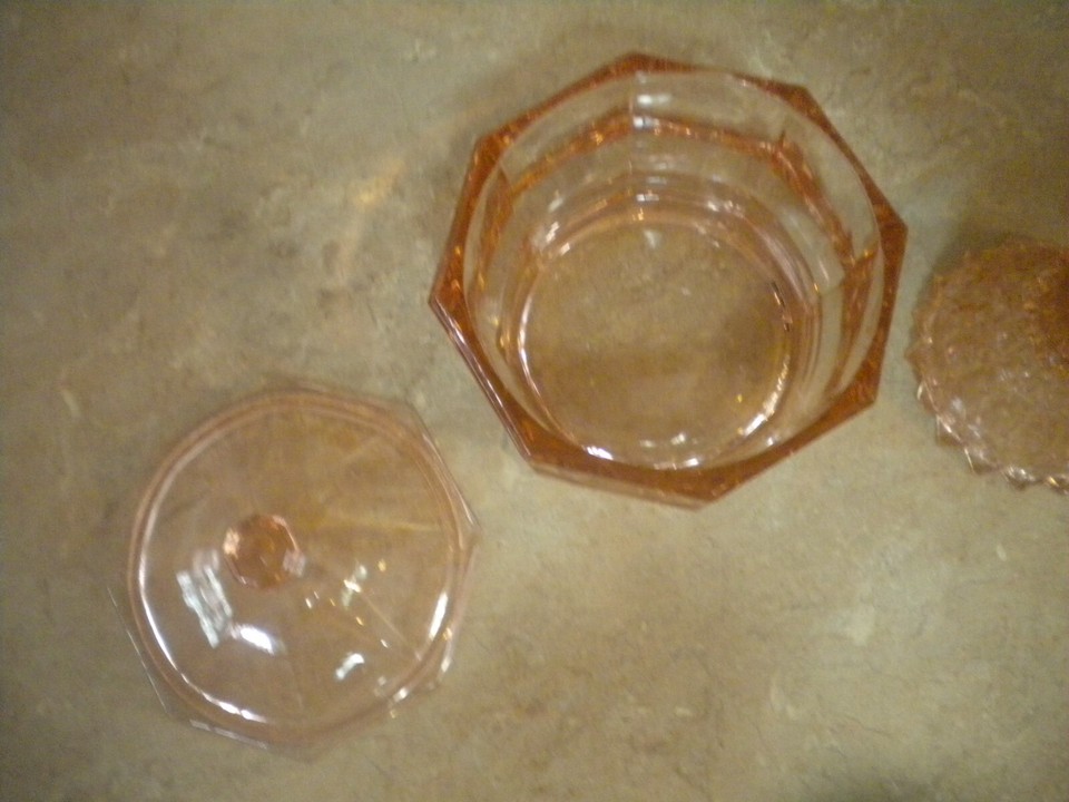 Indiana Pink Depression Glass Octagon Candy Vanity Dish w/ Lid + candle