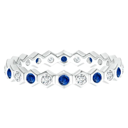 925 Silver Hexagonal Round Blue Sapphire Eternity Ring Valentine Gift For Her