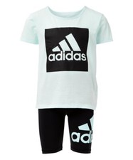 Adidas Little Girl's 6 Short Sleeve Shirt  Shorts Set Ice Mint/Black 2 Pc