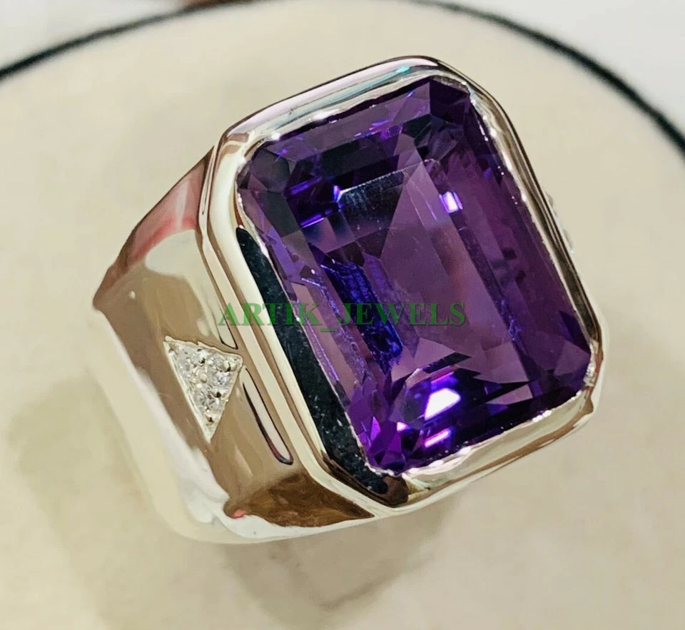 Натуральный аметист драгоценный камень с 925 пробы кольцо для мужчин #132 - Изображение 2 из 4