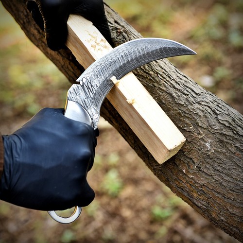 Damascus Steel Curved Blade Knife with Wood Handle, Tactical Outdoor Knife - Picture 6 of 8