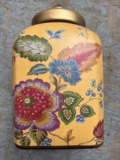Vintage Large Tuscan Urn Hand Painted In Gold Floral Flower Pattern Kitchen Jar