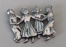 Vintage Lang Sterling Silver Dutch Colonial Round Dancing Children Pin Brooch