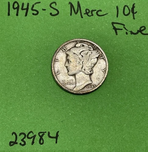 1945-S Mercury Dime 10c Fine 90% Silver See Pics