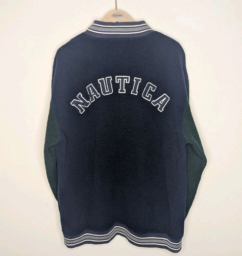 Vtg '00 Nautica Men Sz XL 1/4 Zip Green Navy Sherpa Letterman Fleece Jacket - Picture 2 of 4