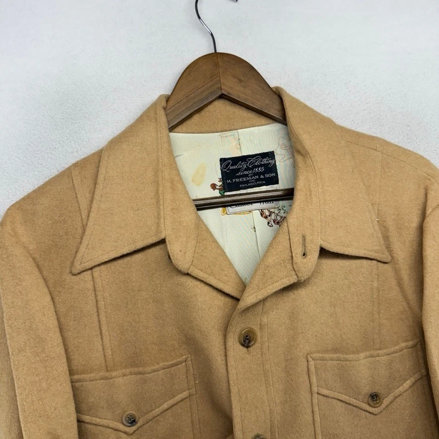 Vintage Hickey Freeman Jacket Men's 44 Large Brown Shirt Camel Hair Lined 70s - product detail image 3