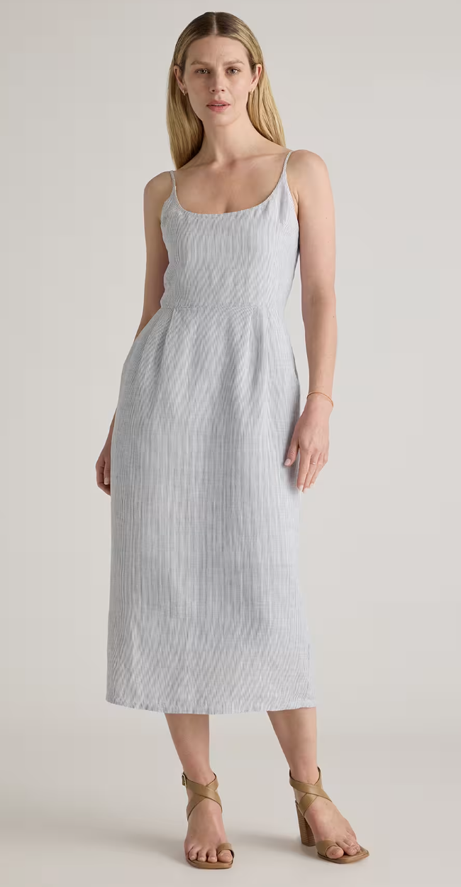 NWT Quince 100% Linen Blue Seersucker Midi Dress XS - Travel Garden Party Euro