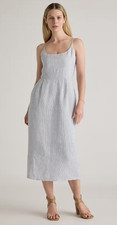 NWT Quince 100% Linen Blue Seersucker Midi Dress XS - Travel Garden Party Euro
