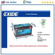 EFB Battery fits CADILLAC ATS 2.0 2013 on Stop Start Exide 110 EFB 730A 75Ah New
