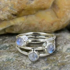 Rainbow Moonstone Minimalist Ring, 925 Sterling Silver Handmade Gemstone Ring