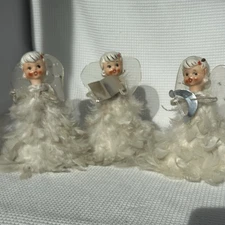 3 VTG 1950’s Holt Howard Feather Angels Set Tree Topper Porcelain Heads Cones