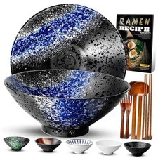 8-Inch Ceramic Ramen Bowl Set of 2 (9 Piece) - Porcelain 8 INCH 2 Set A:BLUE