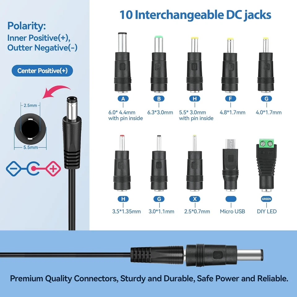 Cable de alimentación adaptadores 5V 3A 2.5A con cargador de 10 enchufes 5.0V 3000mA 2800mA 2500mA Foto 4 de 4