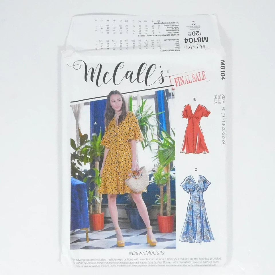 McCalls 8104 Misses Dress Pattern Size 16-24 Uncut Dolman Sleeves Empire Buttons - Image 3 of 4