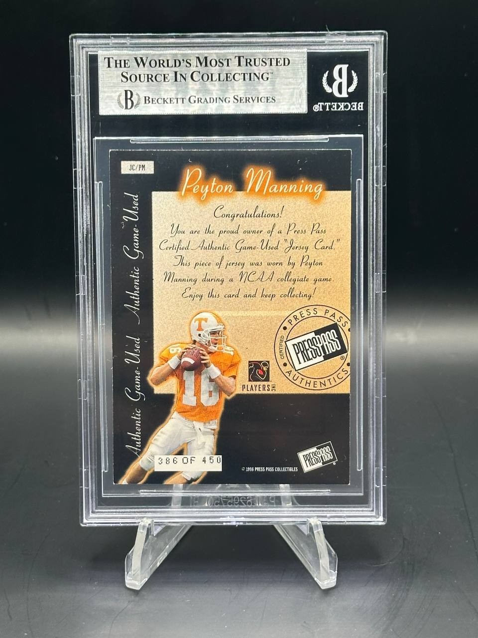1998 Press Pass PEYTON MANNING Authentic Game Used Jersey Card /450 BGS 8 view 2