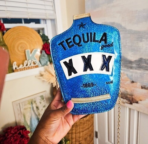 Tequila Bottle Blue Glitter Crossbody Bag | Novelty Faux Leather Purse - Picture 2 of 9