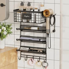 Wall-Mounted Hair Dryer Holder with Organizer Shelf and Hooks for Bathroom (Blac