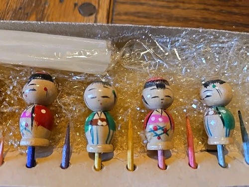 Vintage Kokeshi Wooden Birthday Candles Cocktail Picks Mid-Century Barware Japan - Picture 6 of 9