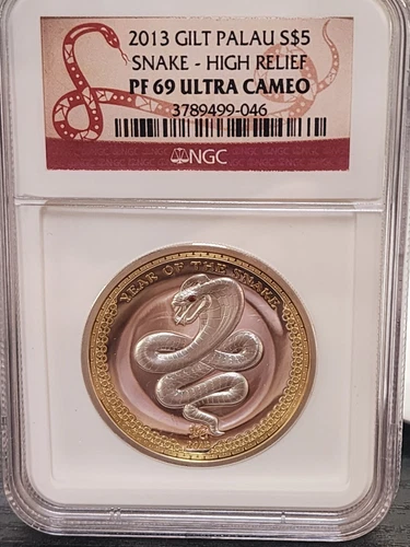 2013 Gilt Palau S$5 Snake High Relief NGC PF69 UC